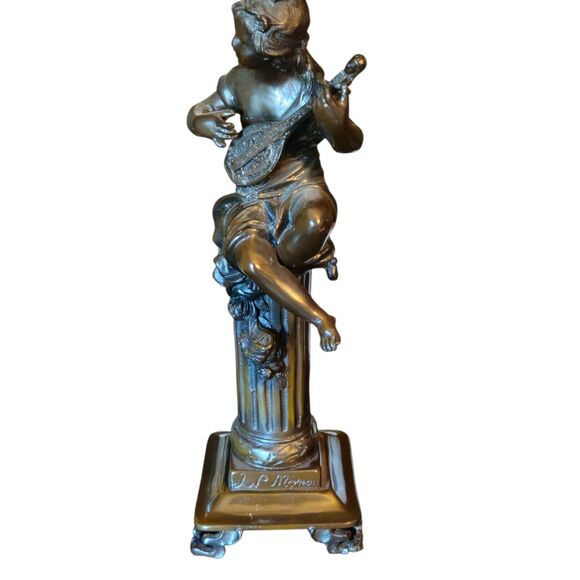 L. F. Moreau Sculptures 13 Inch French Statues With Musical Instruments - Picture 6 of 15